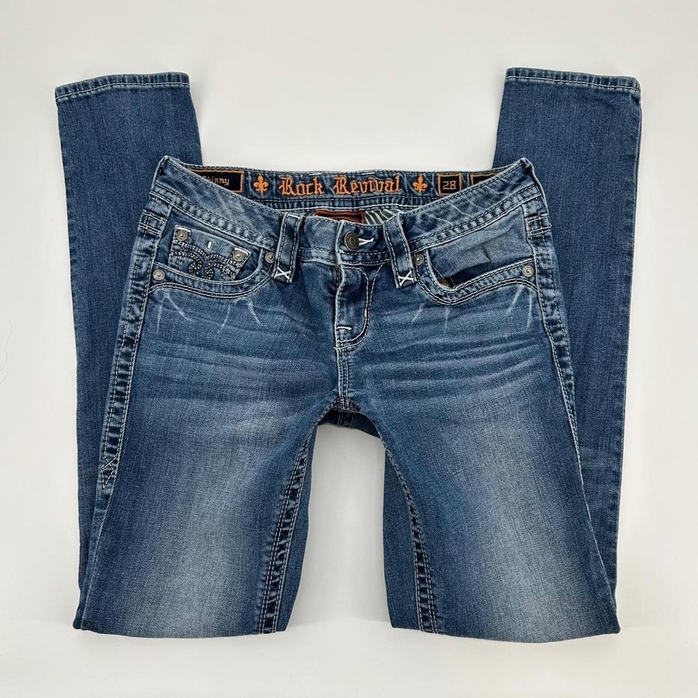 2000s Rock Revival blue denim skinny jeans with studded back pockets size 28"